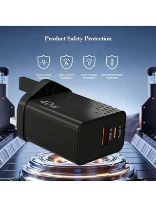 شاحن هاتف سريع 40 واط مقبس وكابل 2م متوافق مع 16/15 و Galaxy S20 Plus و OPPO و Vivo وأجهزة Android أخرى بنوع C مناسب للسفر والمكتب والسكن والمنزل متعدد المنافذ، محول