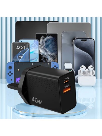 شاحن هاتف سريع 40 واط مقبس وكابل 2م متوافق مع 16/15 و Galaxy S20 Plus و OPPO و Vivo وأجهزة Android أخرى بنوع C مناسب للسفر والمكتب والسكن والمنزل متعدد المنافذ، محول