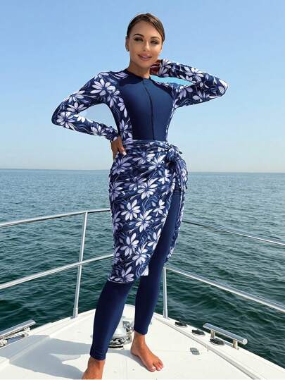 مايوه حريمي قطعة واحدة Swim Mulvari بدلة سباحة متواضعة للمرأة مكونة من 3 قطع، بدون سلك، طبعات زهور عشوائية، ألوان أحادية متناسقة، مع بنطلون وتنورة شبكية