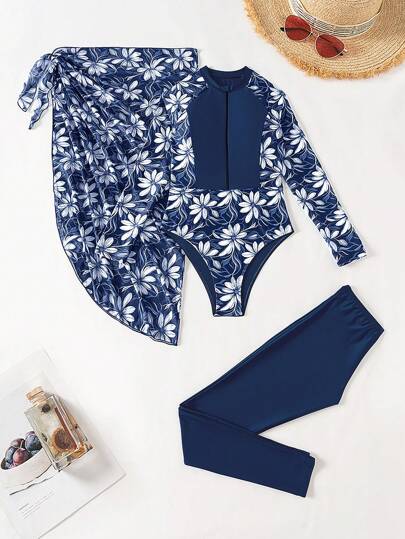 مايوه حريمي قطعة واحدة Swim Mulvari بدلة سباحة متواضعة للمرأة مكونة من 3 قطع، بدون سلك، طبعات زهور عشوائية، ألوان أحادية متناسقة، مع بنطلون وتنورة شبكية