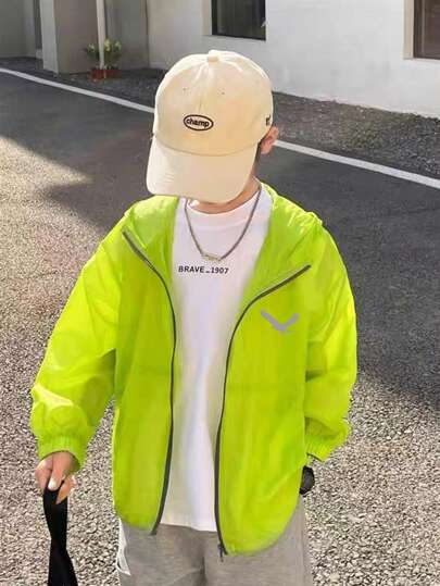 معطف انعكاسي أخضر نيون أنيق للصبية المراهقين، بطانة خفيفة معطف ضد الرياح / صيفي للمدرسة والحديقة والشاطئ والأعياد، ملائم لفصول الربيع والصيف والخريف والشتاء