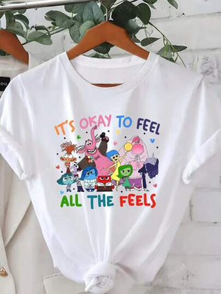 Disney ملابس علوية صيفي نسائي بنمط طباعة كرتوني بحروف مقلوبة، بأكمام قصيرة وياقة دائرية، بسيط وعادي للاستخدام اليومي، لون أبيض وجميل، تعاون ديزني