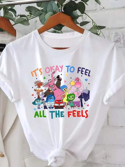 Disney ملابس علوية صيفي نسائي بنمط طباعة كرتوني بحروف مقلوبة، بأكمام قصيرة وياقة دائرية، بسيط وعادي للاستخدام اليومي، لون أبيض وجميل، تعاون ديزني