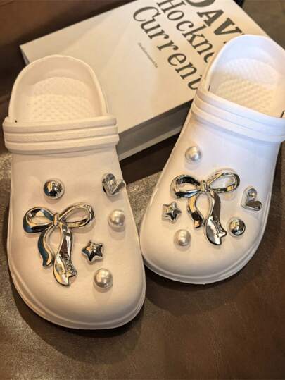 12 قطعة إكسسوار متطابق الحذاء أحذية الكهف، فضي بشعور فاخر لفتاة ساخنة طراز Y2K القوس ، تصميم فاخر فاخر قابل للإزالة