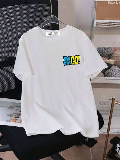 Teen Titans Go X SHEIN تي شيرت تي شيرت أكمام قصيرة رسوم تصميم أنيق لفتيان المراهقين، مناسب للصيف