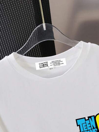 Teen Titans Go X SHEIN تي شيرت تي شيرت أكمام قصيرة رسوم تصميم أنيق لفتيان المراهقين، مناسب للصيف