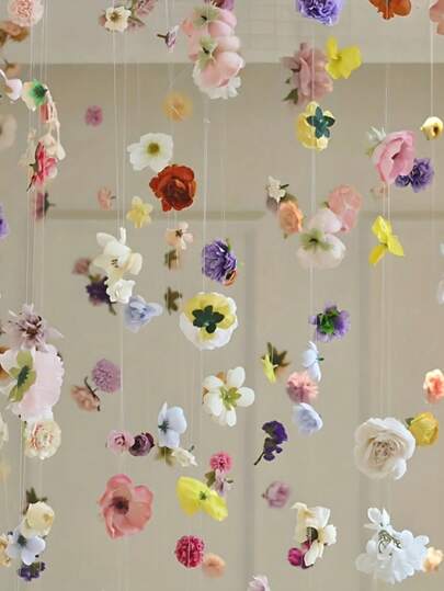 ستارة زهور معلقة، إكسسوار فوتوغرافي إبداعي مع زهور واقعية، خلفية زهور داخلية/خارجية، شلال من البتلات، ديكور زفاف رومانسي