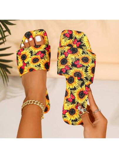 نعال صيفية للسيدات على الطراز البوهيمي، تصميم عباد الشمس والفراشات، محاك بطريقة بوهو، تنفس للاستخدام اليومي، للخارج، المنزل، المكتب، الشاطئ، النادي، مناسبة لجميع الفصول