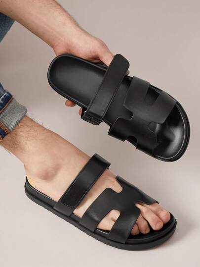 SHUZIA صندل رجالي جلد PU سليد أسود ذو تصميم مفتوح على الأصابع ومشبك قابل للفتح ومريح تمامًا، نسخة أصلية عالية الجودة