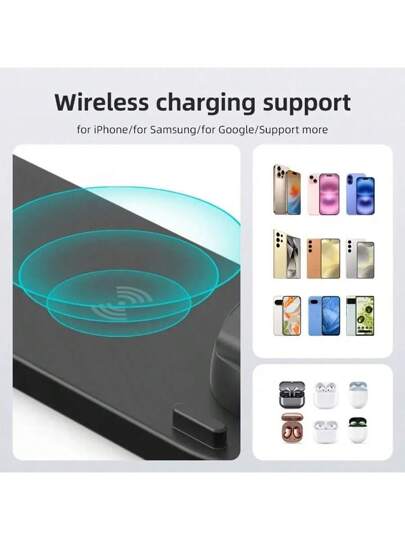 محطة شحن السلكي متعددة الأجهزة، طراز شحن سريع 6 في 1 متوافق مع أجهزة آيفون 16/15/14/13/12/11/XR/X/8 وسلسلة سامسونج أولترا/S25/S24/S23 وسلسلة الأندرويد، متوافق مع سماعات أذن ايربودز برو/4/3/2/1، متوافق مع ساعة أبل أولترا/SE/10/9/8/7/6/5/4/3/2، متوافق مع آي