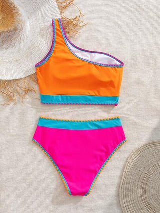 طقم تانكيني حريمي Swim مجموعة من قطعتين بيكيني سباحة ملونة ومثيرة، بخصر عالي وكتف واحد، ملابس سباحة متعددة الألوان