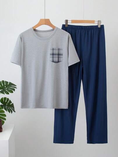 مجموعة ملابس نوم خفيفة الوزن للرجال قميص بأكمام قصيرة وبنطلون طويل، طقم بيتي كاجوال مربع الخطوط لفصلي الربيع والصيف، قطعتان