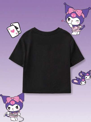 تيشيرتات بناتي HELLO KITTY AND FRIENDS | بلوزة تي شيرت للأطفال البنات مطبوع عليها رسوم كرتونية جميلة بأكمام قصيرة باللون الأسود