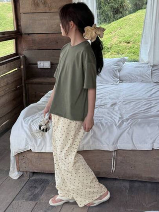 بيجاما DAZY تي شيرت بأكمام قصيرة منسوج برقبة دائرية + بنطلون طويل ملائم للمنزل لفتيات مريح، ملابس خريفية للفتيات في مرحلة المراهقة