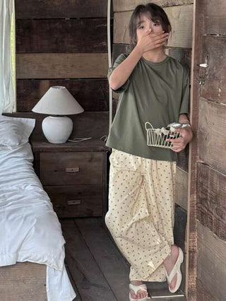 بيجاما DAZY تي شيرت بأكمام قصيرة منسوج برقبة دائرية + بنطلون طويل ملائم للمنزل لفتيات مريح، ملابس خريفية للفتيات في مرحلة المراهقة