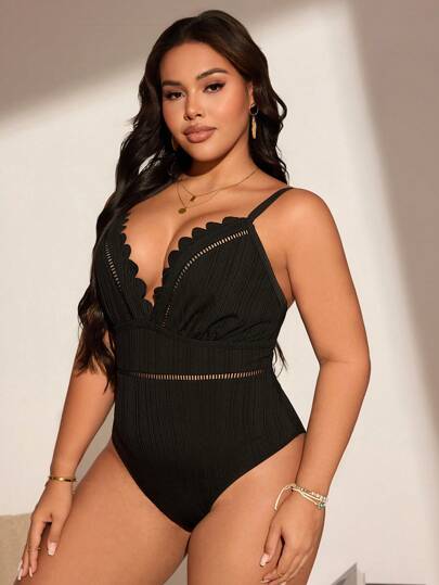 Swim SXY بدلة سباحة قطعة واحدة للمرأة كبيرة الحجم ذات اللون الأحادي وأربطة رفيعة مزخرفة بالدانتيل الأمامي