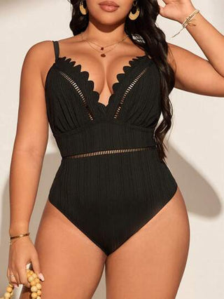 Swim SXY بدلة سباحة قطعة واحدة للمرأة كبيرة الحجم ذات اللون الأحادي وأربطة رفيعة مزخرفة بالدانتيل الأمامي