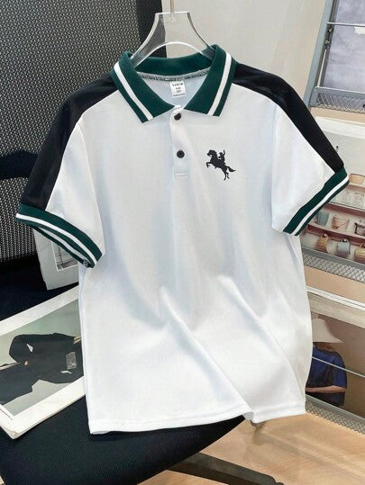 SHEIN قميص بولو قصير الأكمام للأولاد المراهقين، يناسب الارتداء اليومي والدراسة والرياضة في فصلي الربيع والصيف