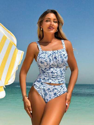 طقم تانكيني حريمي Swim Lushoire ملابس علوية نسائية بحمالات رفيعة وتصميم مجعد من الأمام، طقم قطعتين لملابس البحر والشاطئ ، مطبوع بتصميم أنيق ومجاميل