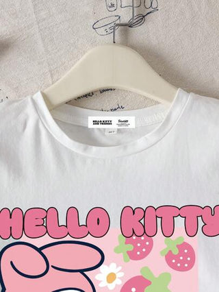 تيشيرتات بناتي HELLO KITTY AND FRIENDS | تي شيرت تي شيرت فتاة مراهقة مريح ذو رقبة مستديرة وأكمام قصيرة بطبعات فراولة وردية كرتونية جميلة، للربيع والصيف