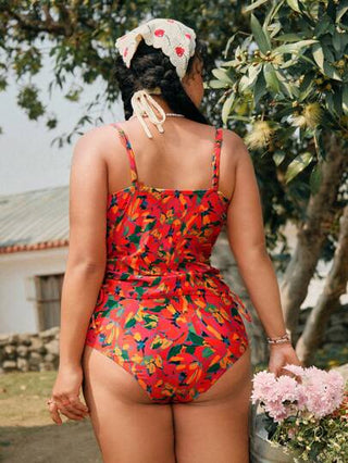 طقم تانكيني حريمي Swim Mod مجموعة ملابس سباحة قياسات كبيرة للنساء، تتكون من 2 قطعة، بنقشة زهور وحمالات رفيعة وملابس سباحة مكشكشة الخصر، للاستخدام في شاطئ العطلة