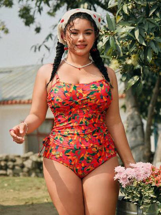 طقم تانكيني حريمي Swim Mod مجموعة ملابس سباحة قياسات كبيرة للنساء، تتكون من 2 قطعة، بنقشة زهور وحمالات رفيعة وملابس سباحة مكشكشة الخصر، للاستخدام في شاطئ العطلة
