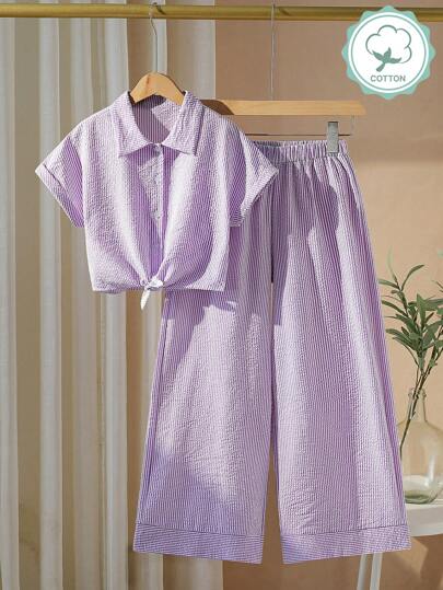 تيشيرتات بناتي طقم بنطلون وبلوزة مخططة قطنية نسيج مريح للفتيات، تنورة وبنطلون قصير بقصة واسعة، ملابس كاجوال للربيع/الصيف، مجموعتان