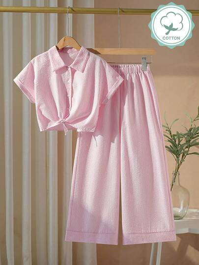 تيشيرتات بناتي مجموعة لبس فتاة مكونة من قميص قطني منسوج مريح مقلم مع بنطلون ساق واسعة، طقم ملابس كاجوال مناسب للربيع والصيف والعطلات، 2 قطعة