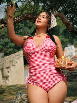 Swim Mod بذلة سباحة بنمط الكرز ذات حمالات رفيعة وحول الرقبة للسيدات البدينات، بأسلوب عادي للعطلات
