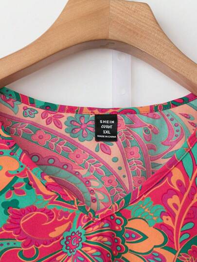 EMERY ROSE ملابس منقوشة بالأزهار والحنة بقصة رقبة على شكل حرف V بأكمام كبيرة مع بنطلون سادة بخيط للفتيات بمقاسات كبيرة مجموعة من قطعتين