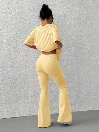 طقم حريمي قطعتين EZwear مجموعة تي شيرت بأكمام قصيرة وبنطال ذو تصميم واسع قطعتين، بتطريز حرفي مناسب للصيف والإطلالة اليومية