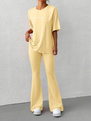 طقم حريمي قطعتين EZwear مجموعة تي شيرت بأكمام قصيرة وبنطال ذو تصميم واسع قطعتين، بتطريز حرفي مناسب للصيف والإطلالة اليومية