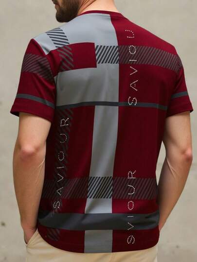 Manfinity Dauomo تي شيرت رجالي بطبعة حرف بألوان متباينة وياقة طاقم وأكمام قصيرة، صيفي