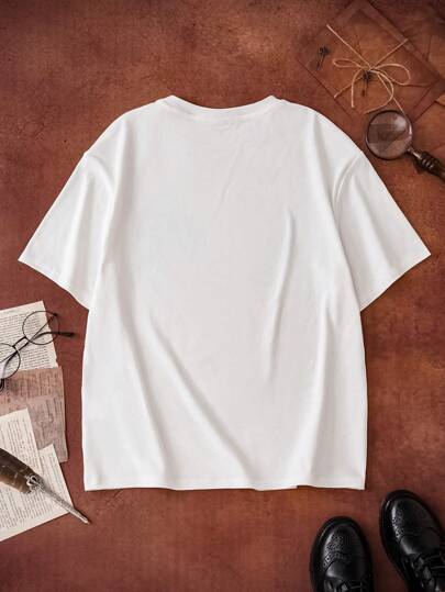 HARRY POTTER X SHEIN تي شيرت أكمام قصيرة أبيض غير رسمي مع رسومات، مناسب للأولاد والمراهقين، متعدد الاستخدامات