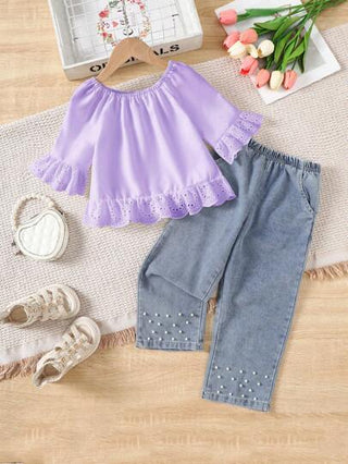 girls-sets Genkimix Kids 2 قطعة/طقم للبنات المراهقات، بلوزة كتف مكشكشة حلوة وبنطال جينز مرصع بالراين، مناسبة للارتداء اليومي الصيفي