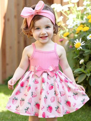 فساتين بيبي فستان بناتي صيفي جديد لعام 2025 على شكل قلب مع رقبة مكشكشة وطبعات ريبد باللون الأحمر، بسيط وأنيق، لطيف وحلو، فستان بحمالات