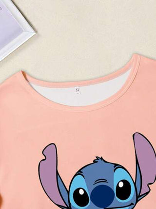 Disney طقم نوم Disney Stitch المرخص عليه 3 قطع، طباعة كرتونية جذابة على التيشيرت قصير الأكمام والبنطلون، مجموعة ملابس منزلية من القماش المحبوك - أنيقة، رومانسية، كاجوال، غير متماثلة، مناسبة للشباب الكاجوال