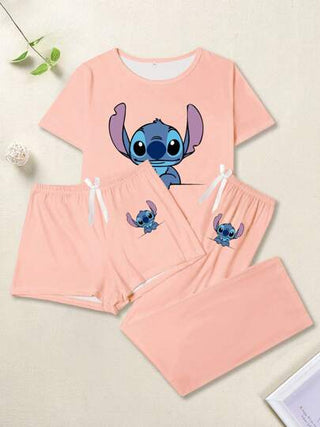 Disney طقم نوم Disney Stitch المرخص عليه 3 قطع، طباعة كرتونية جذابة على التيشيرت قصير الأكمام والبنطلون، مجموعة ملابس منزلية من القماش المحبوك - أنيقة، رومانسية، كاجوال، غير متماثلة، مناسبة للشباب الكاجوال