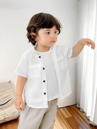 SHEIN زرار جيب قصير الأكمام مزين كارديجان أبيض للأطفال الرضع والصغار دون تحديد الجنس، مناسب للصيف، الرياضة، المنزل، الخارج، المدرسة
