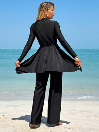 Swim Mulvari مجموعة سباحة للنساء من قطعتين، بلوزة بياقة مستديرة وأكمام طويلة للحماية من الشمس،وسروال بخصر مربوط، طقم بركيني محتشم للعطلات