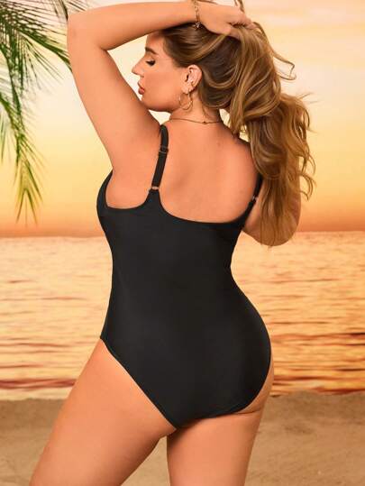 Swim Lushoire بدلة سباحة قطعة واحدة محبوكة باللون الأحادي للنساء المقاسات الكبيرة للعطلات