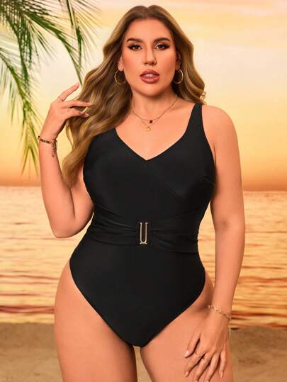 Swim Lushoire بدلة سباحة قطعة واحدة محبوكة باللون الأحادي للنساء المقاسات الكبيرة للعطلات