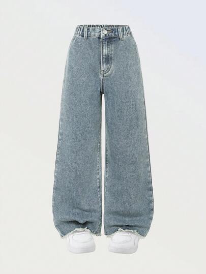 SHEIN سراويل جينز مريحة وأنيقة وطازجة ذات خصر واسع وتصميم مستقيم للبنات المراهقات