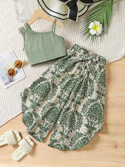 تيشيرتات بناتي Wildeya مجموعة مكونة من قطعتين: توب كشكش عنق أسيمتري بلون سادة وبنطال ساق واسعة، للبنات الصغيرات، ملابس صيفية كاجوال