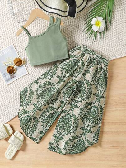 تيشيرتات بناتي Wildeya مجموعة مكونة من قطعتين: توب كشكش عنق أسيمتري بلون سادة وبنطال ساق واسعة، للبنات الصغيرات، ملابس صيفية كاجوال