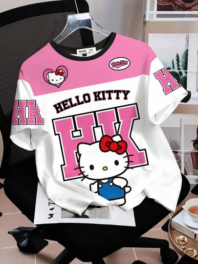 HELLO KITTY AND FRIENDS | تيشيرت أكمام قصيرة رقبة دائرية فضفاض مع طباعة كرتونية، مريح وعصري للرياضة، بالوردي والأبيض، مناسب للربيع والصيف، للنساء