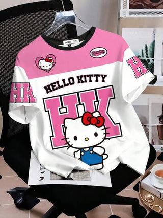 HELLO KITTY AND FRIENDS | تيشيرت أكمام قصيرة رقبة دائرية فضفاض مع طباعة كرتونية، مريح وعصري للرياضة، بالوردي والأبيض، مناسب للربيع والصيف، للنساء