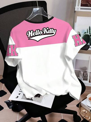 HELLO KITTY AND FRIENDS | تيشيرت أكمام قصيرة رقبة دائرية فضفاض مع طباعة كرتونية، مريح وعصري للرياضة، بالوردي والأبيض، مناسب للربيع والصيف، للنساء
