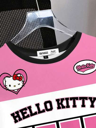 HELLO KITTY AND FRIENDS | تيشيرت أكمام قصيرة رقبة دائرية فضفاض مع طباعة كرتونية، مريح وعصري للرياضة، بالوردي والأبيض، مناسب للربيع والصيف، للنساء