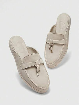 CUCCOO BIZCHIC مصممة من الانزلاق, حذاء لوفر مسطح براس دائري, بتصميم انزلاقي بسيط ومريح من الجلد الصناعي, لون رمادي فاتح, للاستعمال اليومي في المنزل